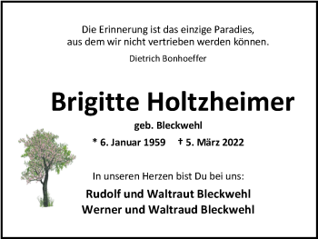 Traueranzeige von Brigitte Holtzheimer von Nordwest-Zeitung
