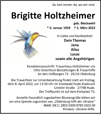 Traueranzeige von Brigitte Holtzheimer von Nordwest-Zeitung