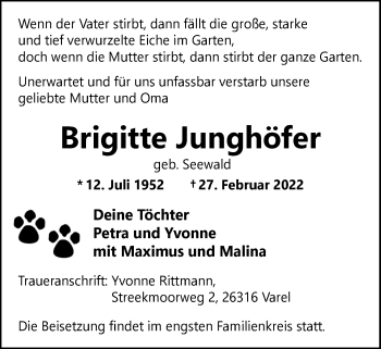 Traueranzeige von Brigitte Junghöfer von Nordwest-Zeitung