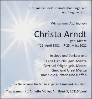 Traueranzeige von Christa Arndt von Nordwest-Zeitung