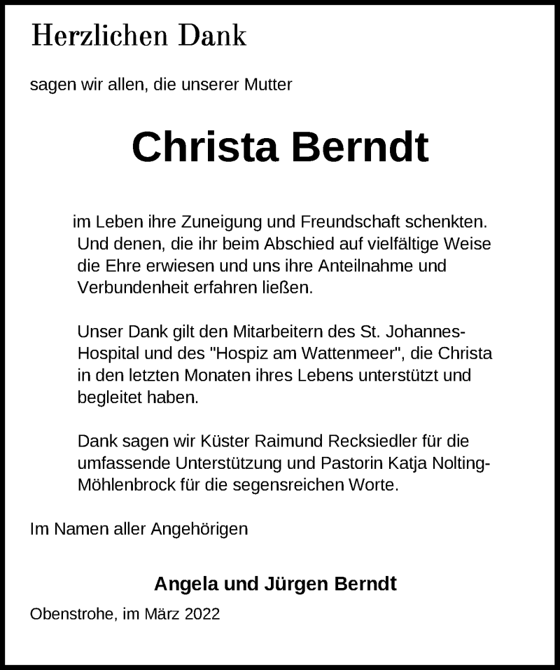  Traueranzeige für Christa Berndt vom 12.03.2022 aus Nordwest-Zeitung