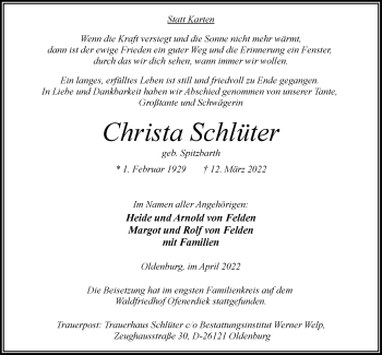 Traueranzeige von Christa Schlüter von Nordwest-Zeitung