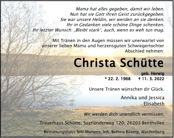 Traueranzeige von Christa Schütte von Nordwest-Zeitung