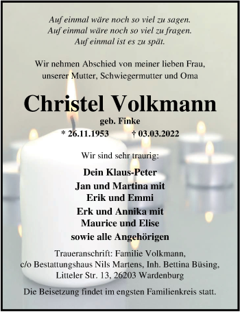 Traueranzeige von Christel Volkmann von Nordwest-Zeitung