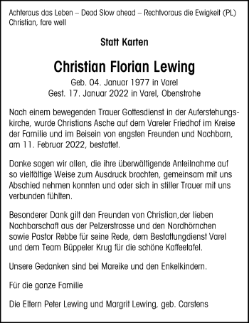 Traueranzeige von Christian Florian Lewing von Nordwest-Zeitung