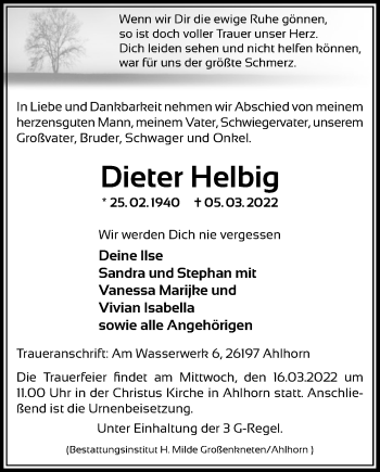 Traueranzeige von Dieter Helbig von Nordwest-Zeitung