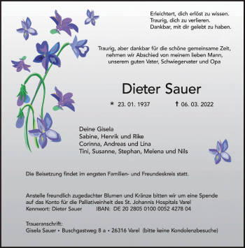 Traueranzeige von Dieter Sauer von Nordwest-Zeitung