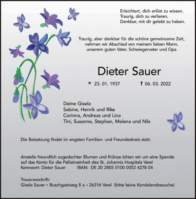  Traueranzeige für Dieter Sauer vom 10.03.2022 aus Nordwest-Zeitung