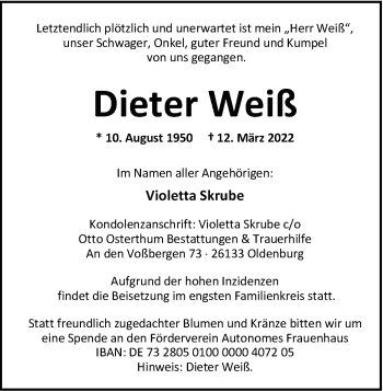Traueranzeige von Dieter Weiß von Nordwest-Zeitung