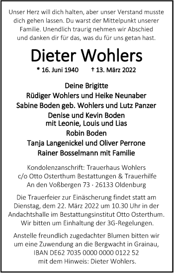 Traueranzeige von Dieter Wohlers von Nordwest-Zeitung