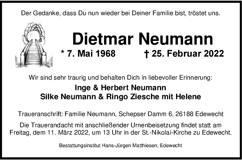  Traueranzeige für Dietmar Neumann vom 05.03.2022 aus Nordwest-Zeitung