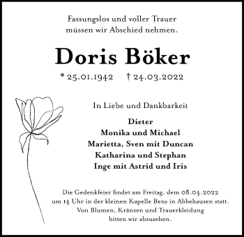Traueranzeigen von Doris Böker | nordwest-trauer.de