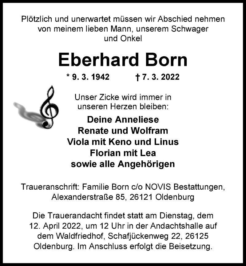  Traueranzeige für Eberhard Born vom 26.03.2022 aus Nordwest-Zeitung