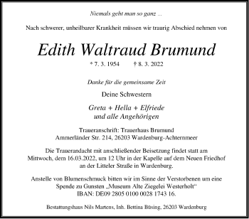 Traueranzeige von Edith Waltraud Brumund von Nordwest-Zeitung