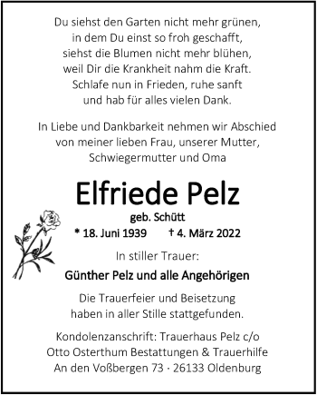 Traueranzeige von Elfriede Pelz von Nordwest-Zeitung