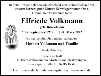 Traueranzeige von Elfriede Volkmann von Nordwest-Zeitung