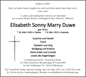 Traueranzeige von Elisabeth Duwe von Nordwest-Zeitung