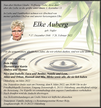 Traueranzeige von Elke Auberg von Nordwest-Zeitung