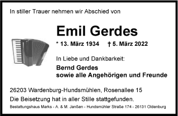Traueranzeige von Emil Gerdes von Nordwest-Zeitung