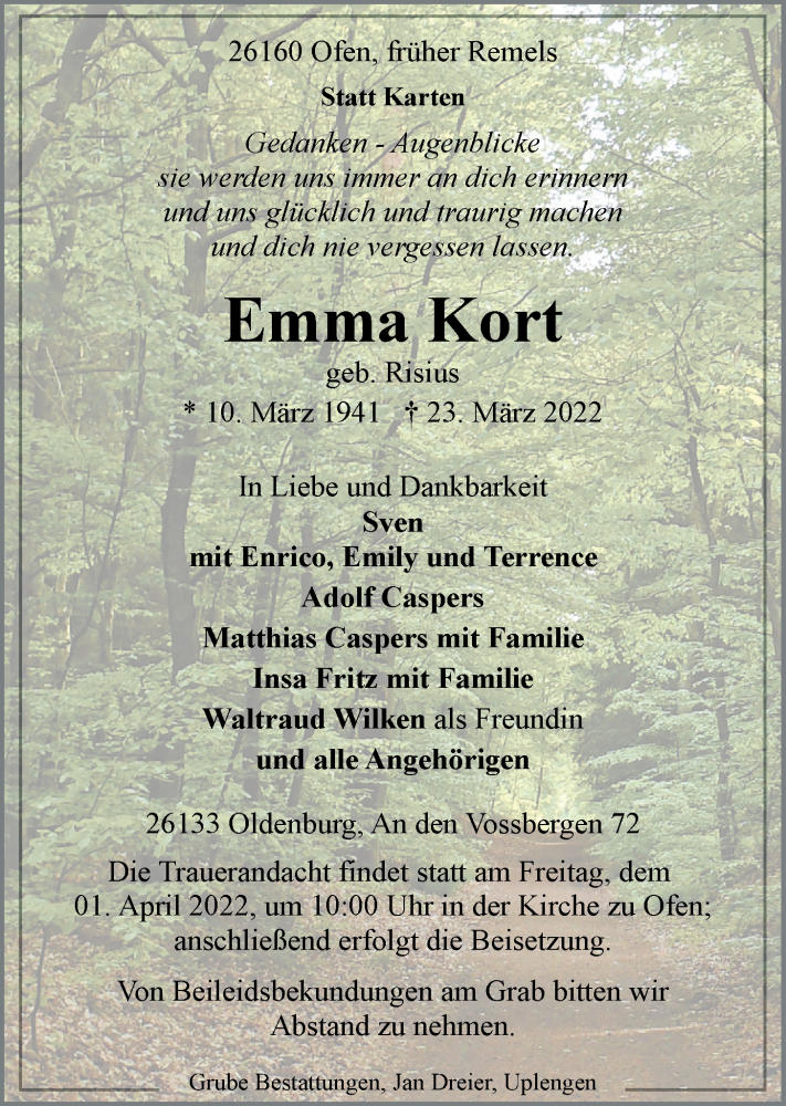  Traueranzeige für Emma Kort vom 29.03.2022 aus Nordwest-Zeitung