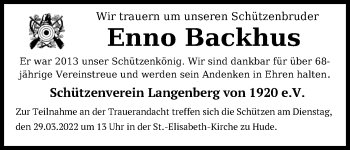 Traueranzeige von Enno Backhus von Nordwest-Zeitung