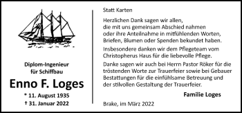 Traueranzeige von Enno F. Loges von Nordwest-Zeitung