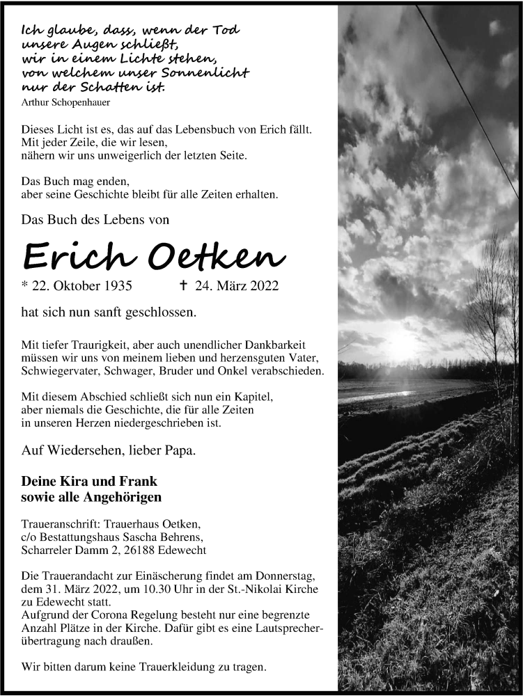  Traueranzeige für Erich Oetken vom 29.03.2022 aus Nordwest-Zeitung