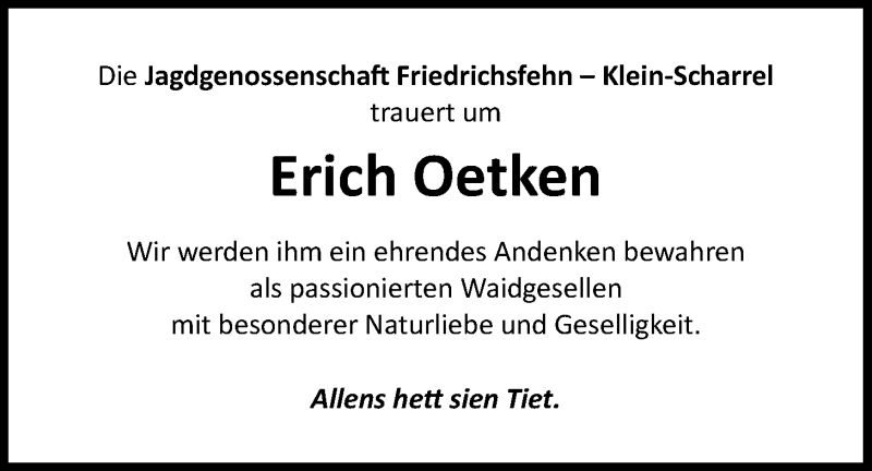  Traueranzeige für Erich Oetken vom 31.03.2022 aus Nordwest-Zeitung