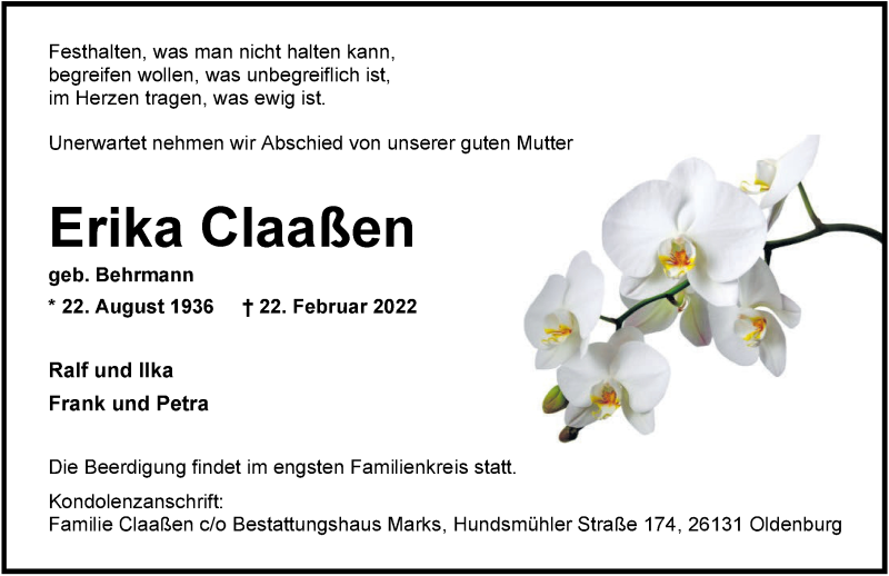  Traueranzeige für Erika Claaßen vom 05.03.2022 aus Nordwest-Zeitung