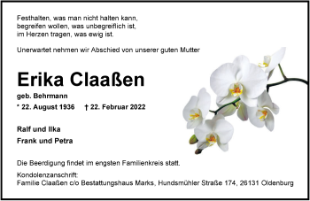Traueranzeige von Erika Claaßen von Nordwest-Zeitung