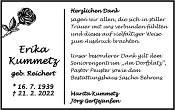 Traueranzeige von Erika Kummetz von Nordwest-Zeitung