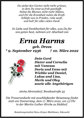 Traueranzeige von Erna Harms von Nordwest-Zeitung