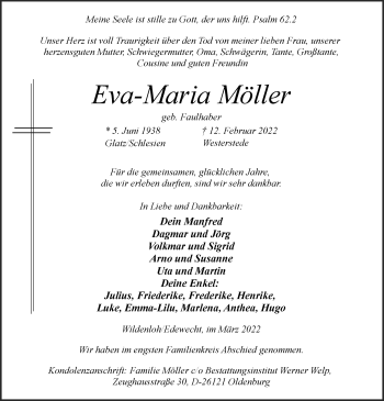 Traueranzeige von Eva-Maria Möller von Nordwest-Zeitung