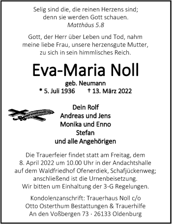 Traueranzeige von Eva-Maria Noll von Nordwest-Zeitung
