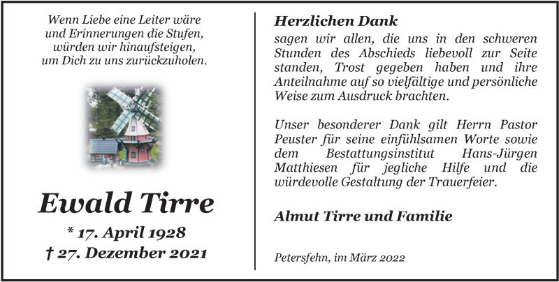  Traueranzeige für Ewald Tirre vom 12.03.2022 aus Nordwest-Zeitung