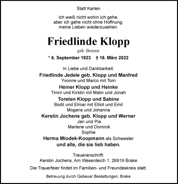 Traueranzeige von Friedlinde Klopp von Nordwest-Zeitung