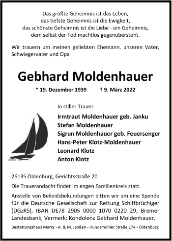 Traueranzeige von Gebhard Moldenhauer von Nordwest-Zeitung