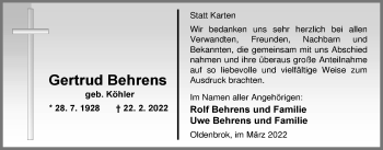 Traueranzeige von Gertrud Behrens von Nordwest-Zeitung