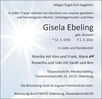 Traueranzeige von Gisela Ebeling von Nordwest-Zeitung