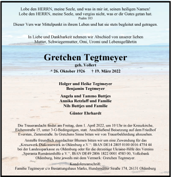 Traueranzeige von Gretchen Tegtmeyer von Nordwest-Zeitung