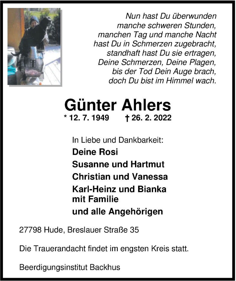  Traueranzeige für Günter Ahlers vom 02.03.2022 aus Nordwest-Zeitung