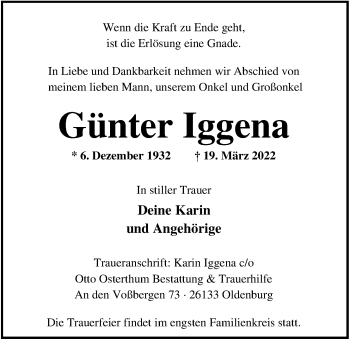Traueranzeige von Günter Iggena von Nordwest-Zeitung