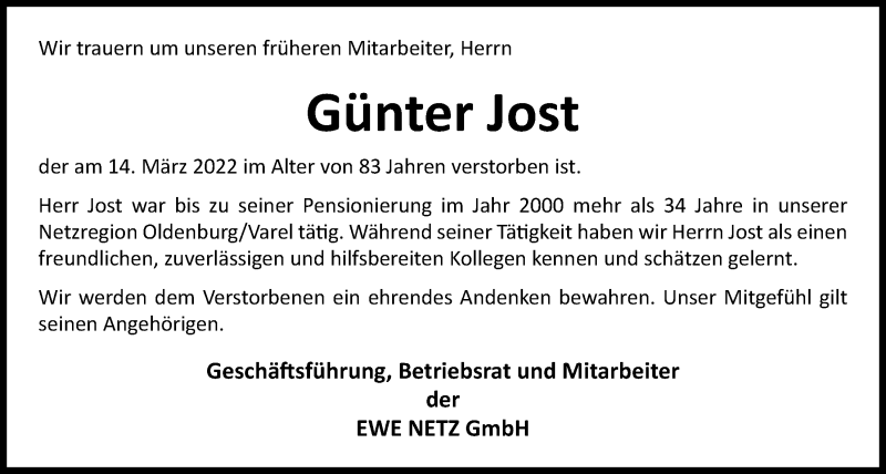  Traueranzeige für Günter Jost vom 25.03.2022 aus Nordwest-Zeitung