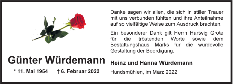  Traueranzeige für Günter Würdemann vom 26.03.2022 aus Nordwest-Zeitung