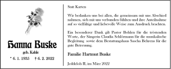 Traueranzeige von Hanna Buske von Nordwest-Zeitung