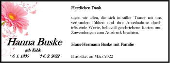 Traueranzeige von Hanna Buske von Nordwest-Zeitung