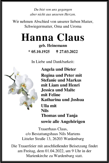 Traueranzeige von Hanna Claus von Nordwest-Zeitung