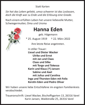 Traueranzeige von Hanna Eden von Nordwest-Zeitung