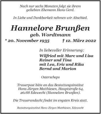 Traueranzeige von Hannelore Brunßen von Nordwest-Zeitung