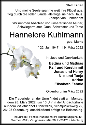 Traueranzeige von Hannelore Kuhlmann von Nordwest-Zeitung